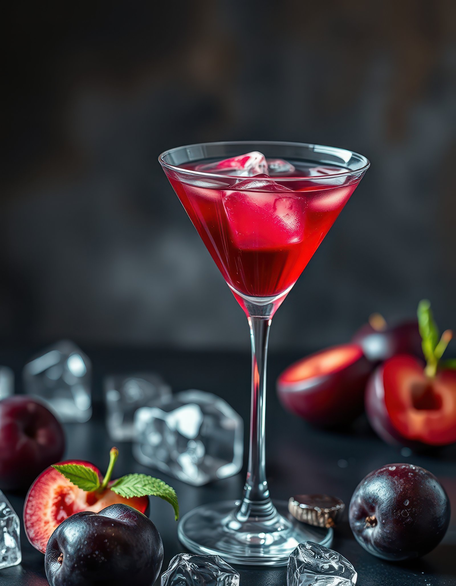 Refreshing red cocktail with ice and fresh fruit against a dark background